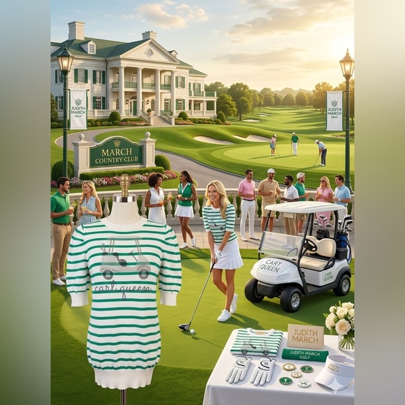 Judith March Cart Queen Golf Sweater Green White Striped Puff Sleeve Small - Picture 3 of 15